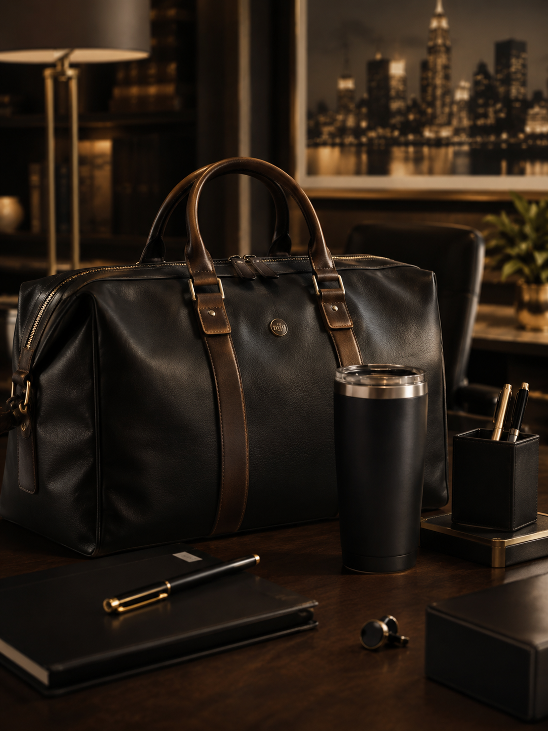 Executive Arrival Collection — leather duffel and desk set