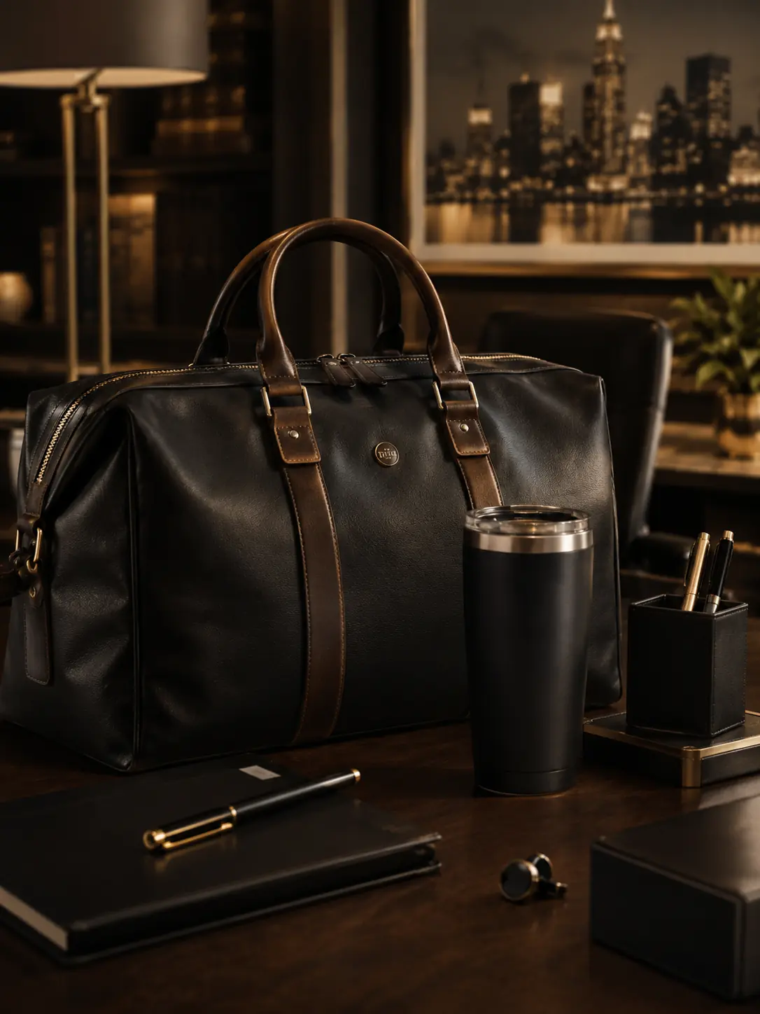 Executive Arrival Collection — leather duffel and desk set