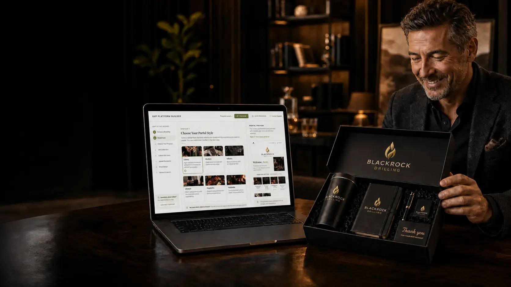 GXP Builder beside a Blackrock Drilling branded executive gift presentation