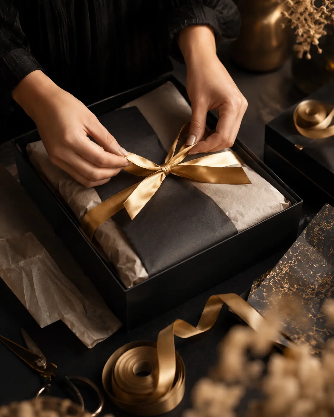 Hands tying a gold ribbon on a branded box