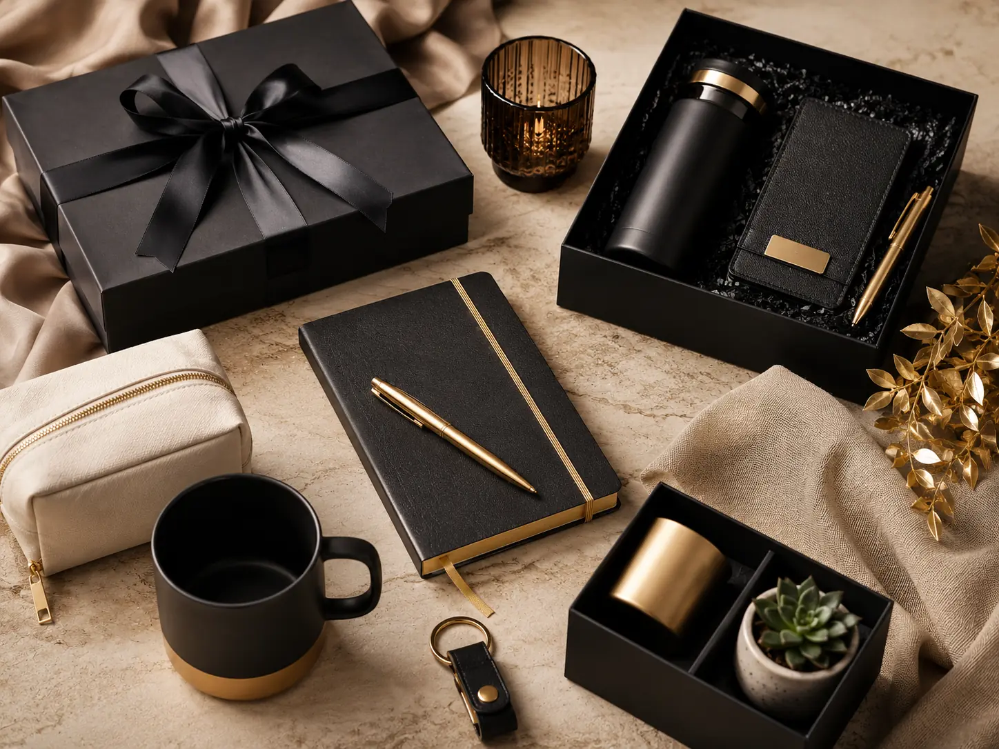 An elegant flat-lay of gifts