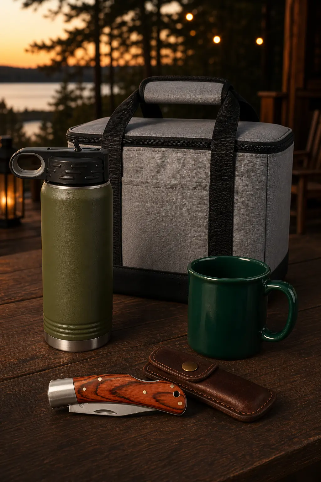 Weekend Escape collection with an insulated cooler, olive water bottle, campfire mug and folding knife