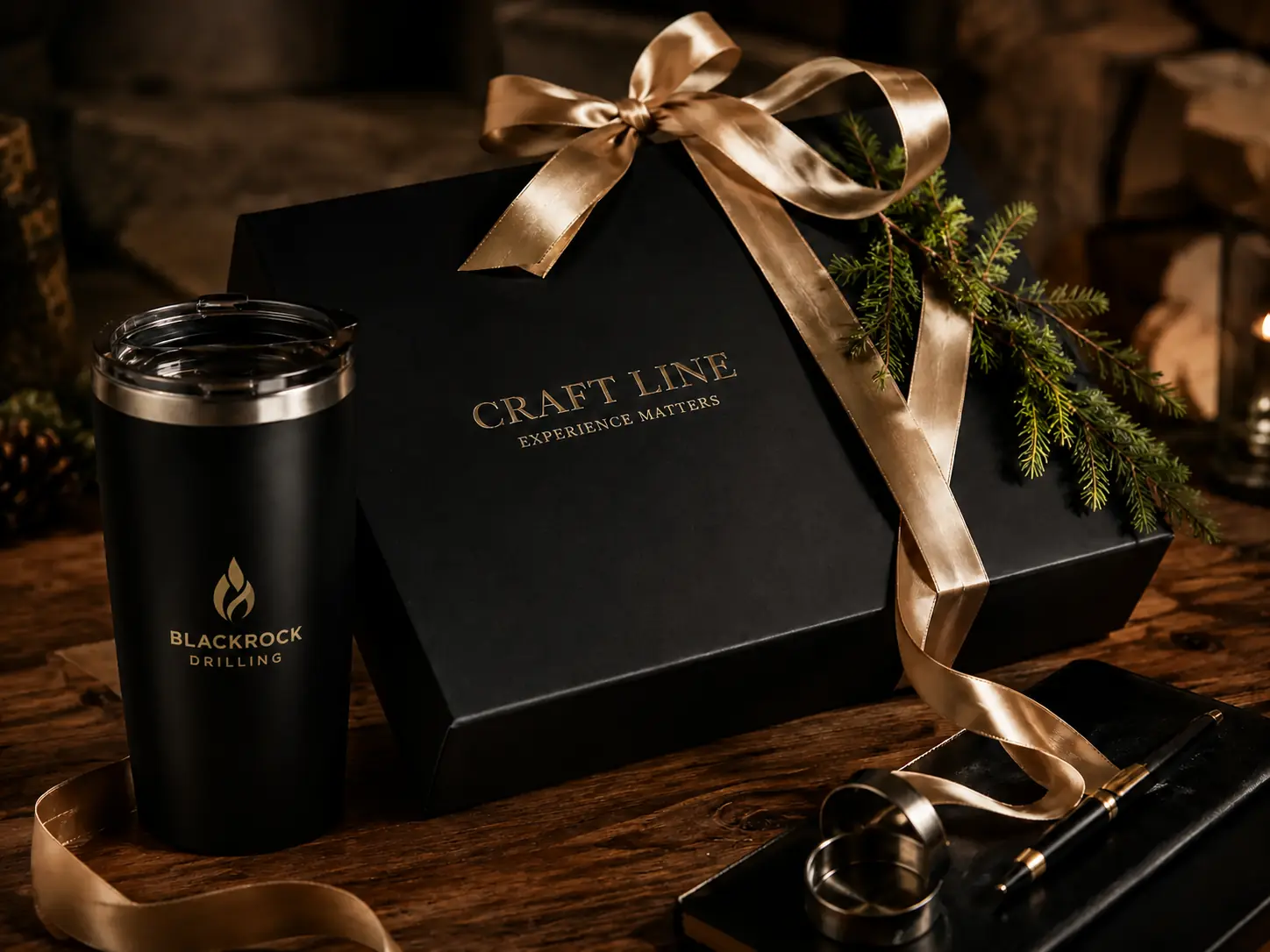 Craft Line gift box with gold ribbon and Blackrock Drilling branded tumbler