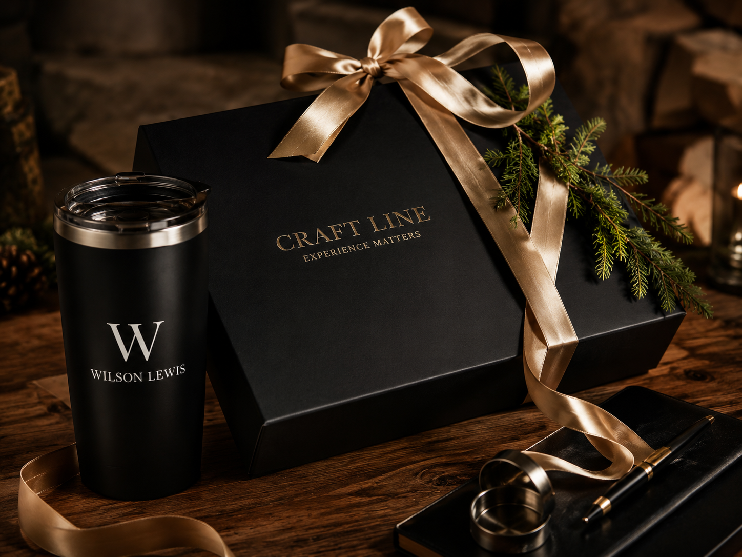Craft Line gift box with gold ribbon and branded tumbler